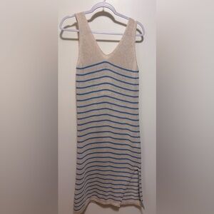 Floris Cotton Dress or Cover up cream with light blue stripe v neck side slit